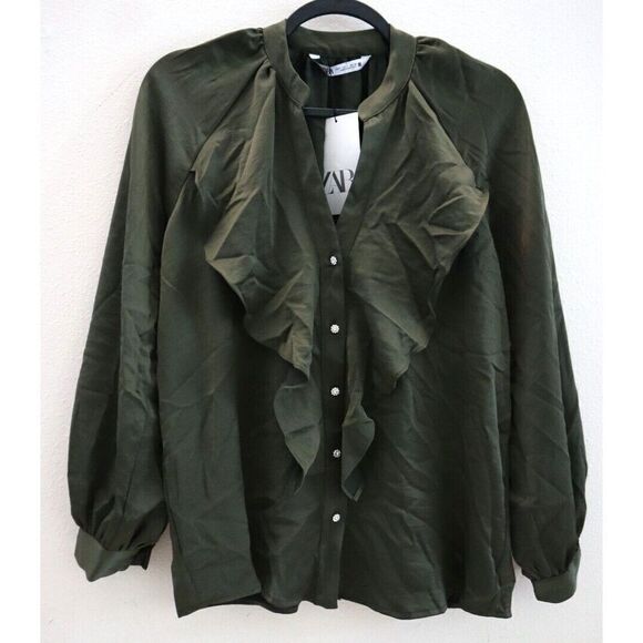 ZARA Women's Sz Small Hunter Green Jewel Button Ruffled Satin Effect L/S Blouse - Picture 1 of 8